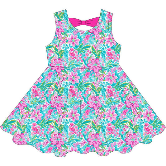 (Custom Design Preorder MOQ 5) Flowers Hot Pink Print Girls Summer Knee Length Dress