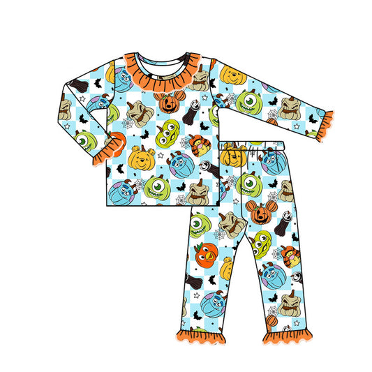 (Custom Design Preorder MOQ 5) Cartoon Figure Pumpkin Print Girls Bamboo Halloween Pajamas Clothes Set