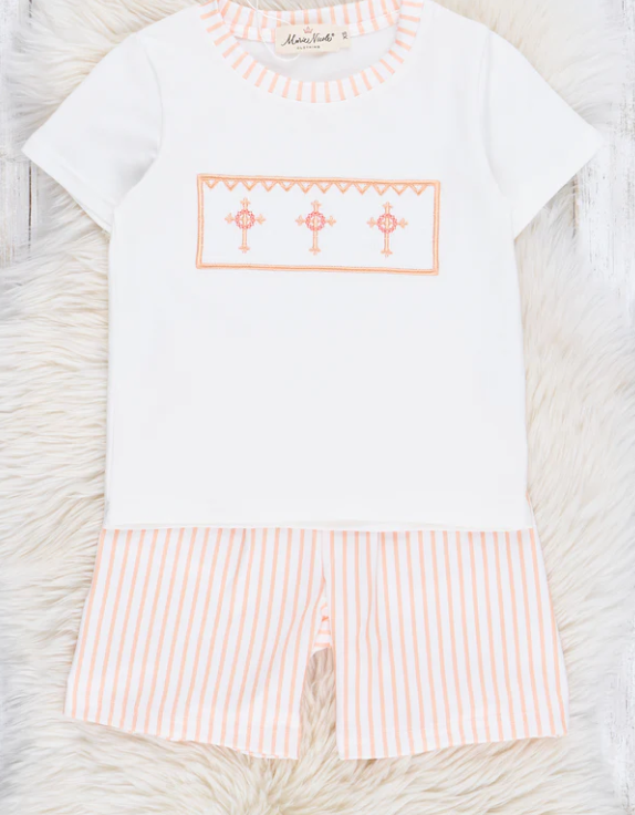 (Custom Design Preorder MOQ 5) Cross Top Stripes Shorts Boys Easter Clothes Set
