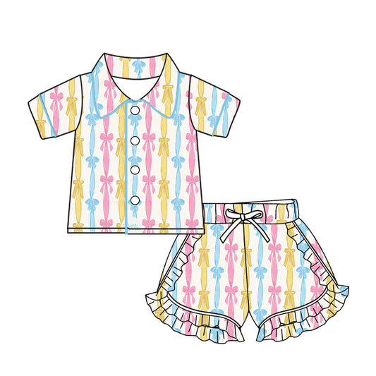 (Custom Design Preorder MOQ 5) Colorful Bows Print Girls Summer Pajamas Clothes Set