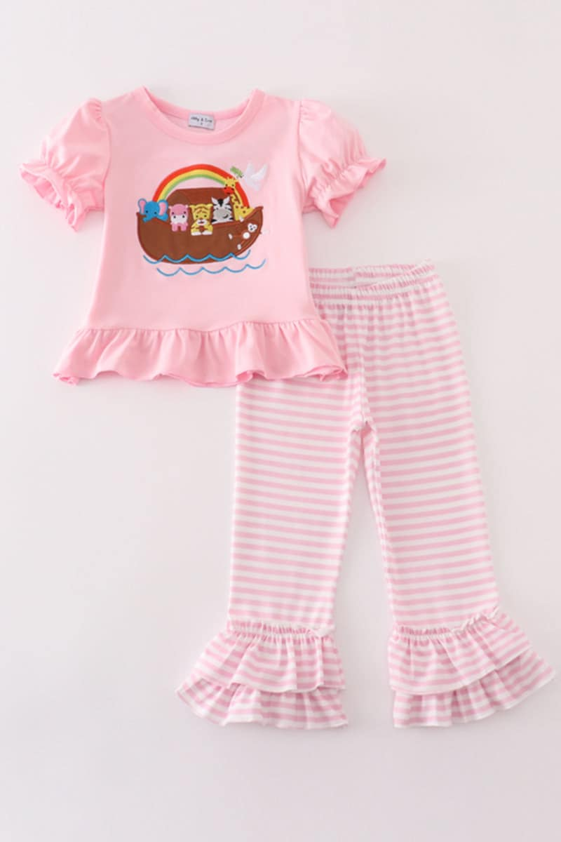 (Custom Design Preorder MOQ 5) Animals Pink Top Stripes Pants Girls Clothes Set