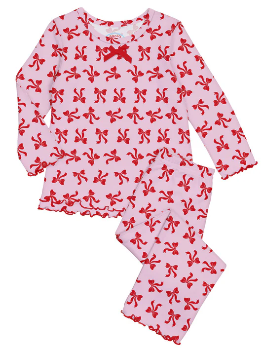 (Custom Design Preorder MOQ 5) Pink Bows Print Girls Fall Pajamas Clothes Set