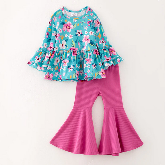 (Custom Design Preorder MOQ 5) Blue Flowers Top Hotpink Bell Pants Girls Spring Clothes Set