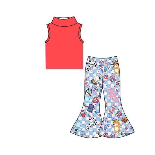 (Custom Design Preorder MOQ 5) Cartoon Dog Print Bell Pants Girls 4th of July Clothes Set
