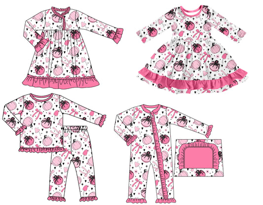 7.17(Custom Design Preorder MOQ 5 Each Design) Spider Pumpkin Bows Print Girls Halloween Matching Clothes Sisters Wear
