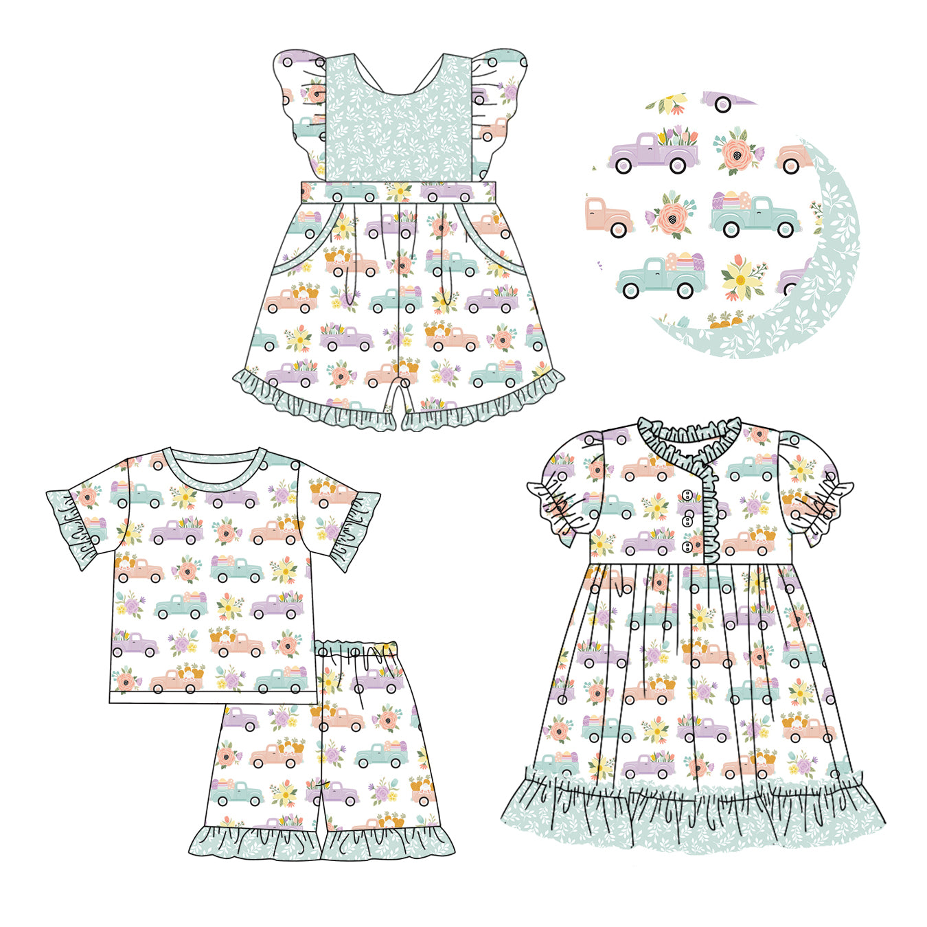 12.11(Custom Design Preorder MOQ 5 Each Design) Truck Eggs Flowers Print Girls Easter Matching Clothes Sisters Wear