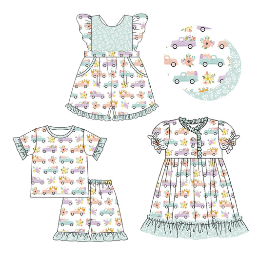 12.11(Custom Design Preorder MOQ 5 Each Design) Truck Eggs Flowers Print Girls Easter Matching Clothes Sisters Wear