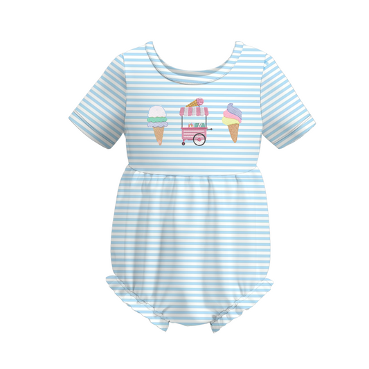 (Custom Design Preorder MOQ 5) Ice Cream Blue Stripes Print Baby Girls Romper