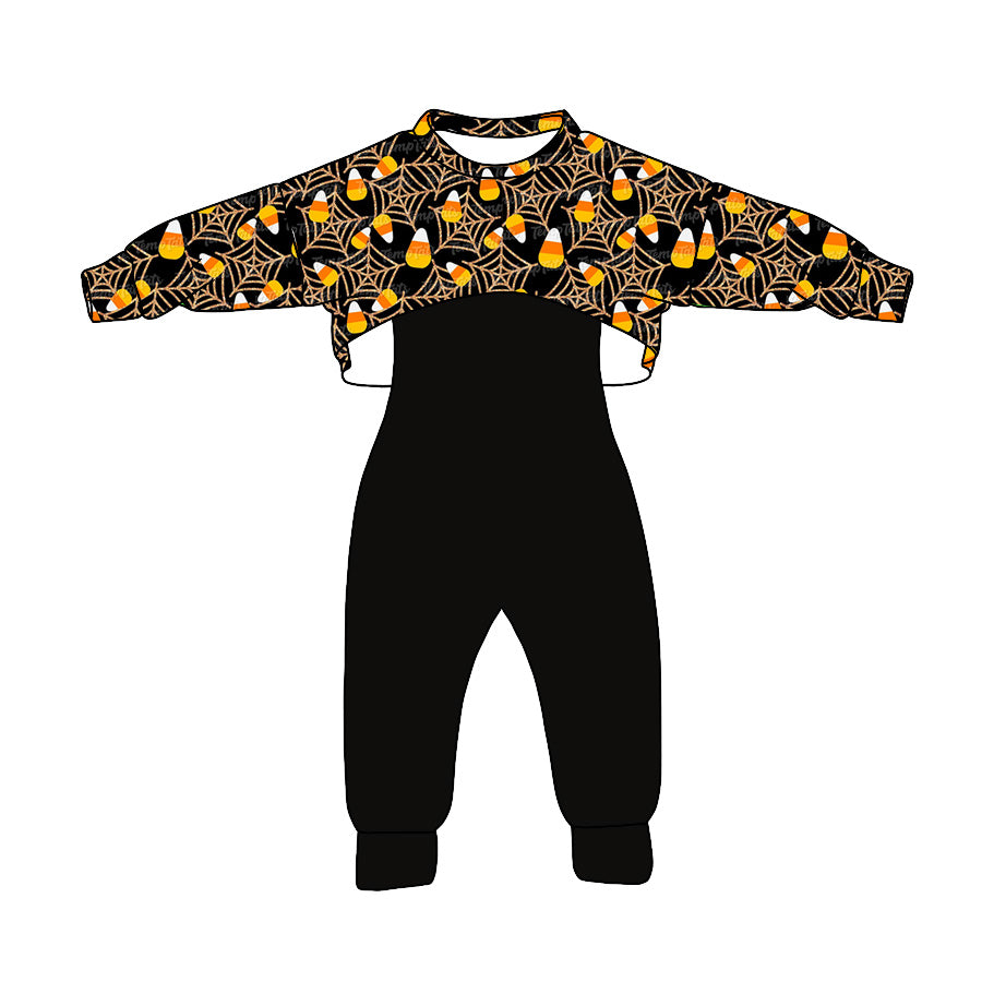 (Custom Design Preorder MOQ 5) Candy Web Print Top Black Jumpsuits Girls Halloween Clothes Set