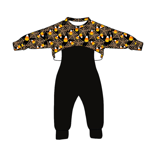 (Custom Design Preorder MOQ 5) Candy Web Print Top Black Jumpsuits Girls Halloween Clothes Set