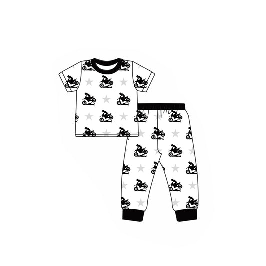 (Custom Design Preorder MOQ 20) Motorcycle Stars Print Boys Bamboo Pajamas Clothes Set