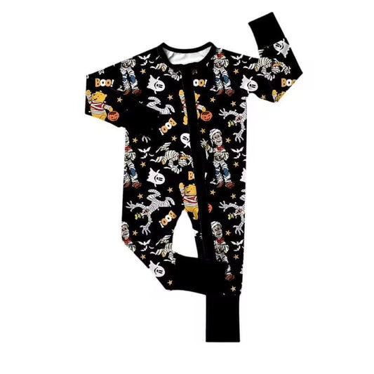 (Custom Design Preorder MOQ 20)  Cartoon Beer Black Print Baby Bamboo Halloween Sleeper Zipper Romper
