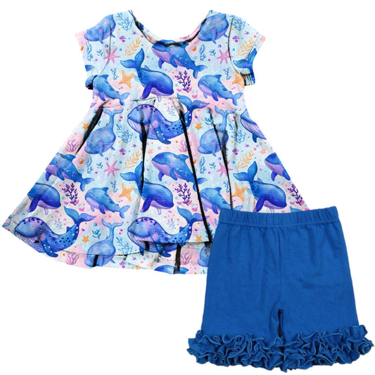 (Custom Design Preorder MOQ 5)  Whale Tunic Top Blue Shorts Girls Summer Clothes Set