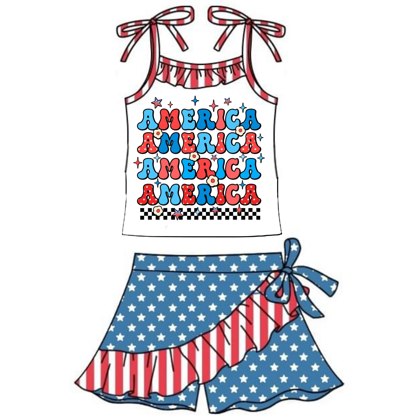 (Custom Design Preorder MOQ 5)  America Stars Print Girls 4th of July Clothes Set