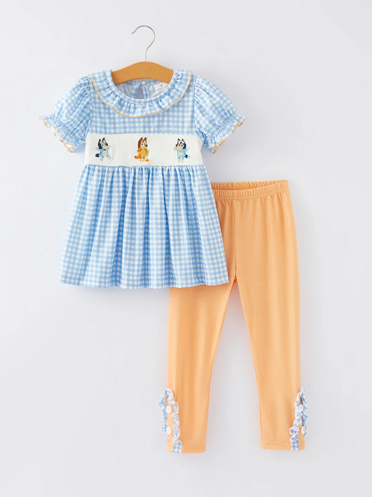 (Custom Design Preorder MOQ 5) Cartoon Dog Blue Plaid Tunic Top Orange Pants Girls Clothes Set