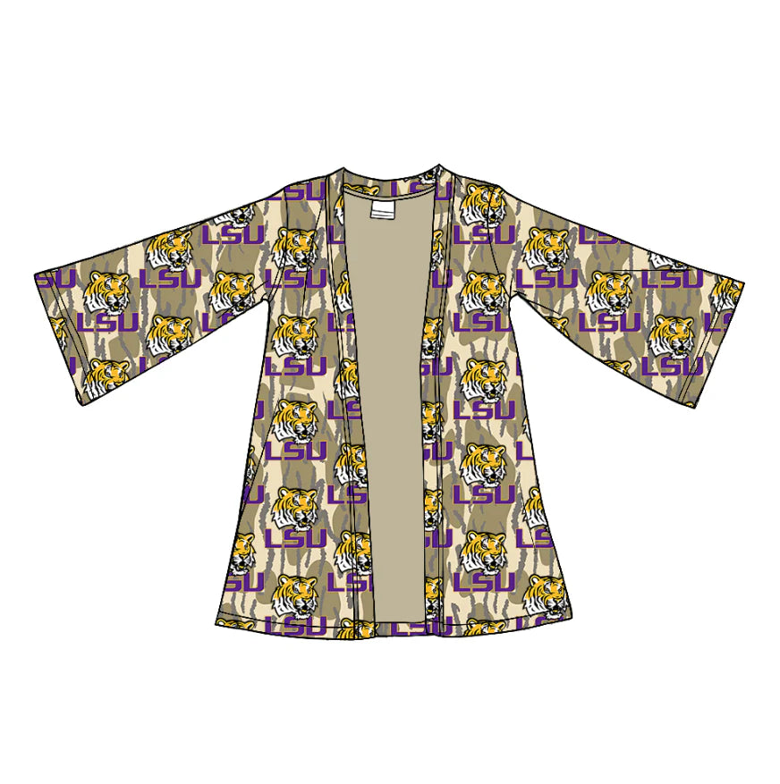 (Custom Design Preorder MOQ 5 Each Item) Team's LSU Tigers Camo Print Girls Fall Cardigan Top
