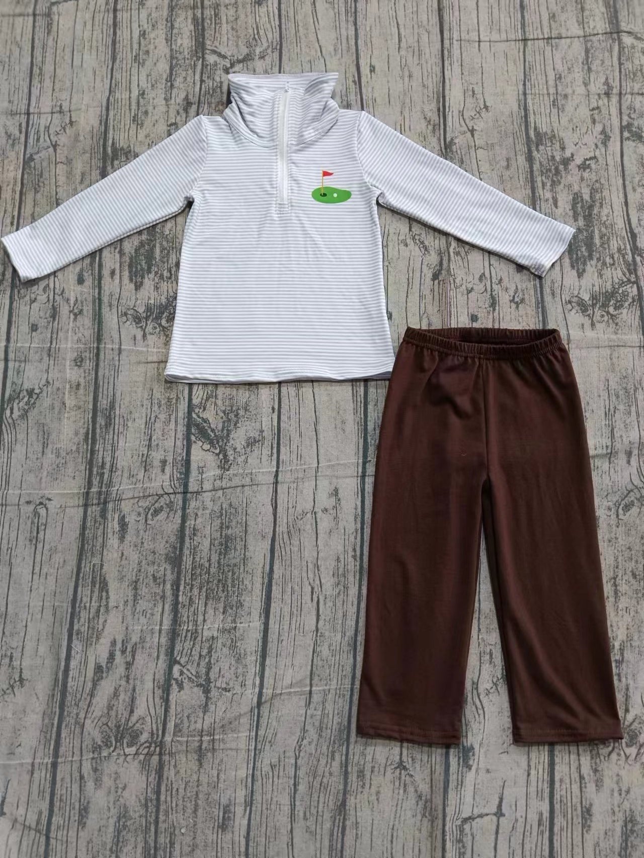 (Custom Design Preorder MOQ 5) Golf Blue Stripes Zipper Pullover Top Brown Pants Boys Clothes Set