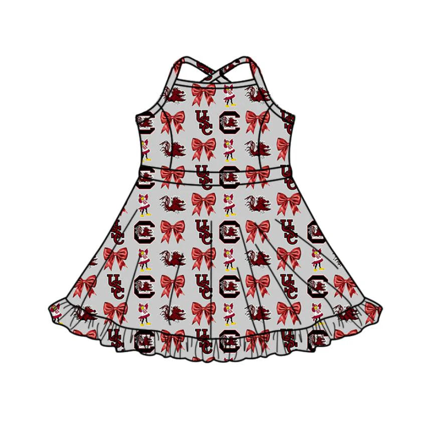 (Custom Design Preorder MOQ 5 Each Item)Team's Gamecock Bows Print Girls Matching Clothes