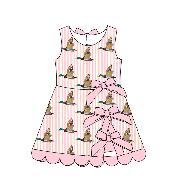 2026.1.20 (Custom Design Preorder MOQ 5) Duck Bows Print Girls Summer Knee Length Dress Sisters Wear