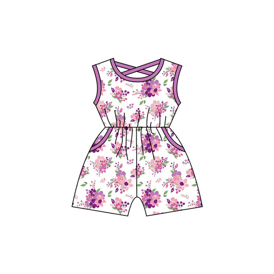 (Custom Design Preorder MOQ 5) Purple Flowers Print Pockets Girls Summer Jumpsuits