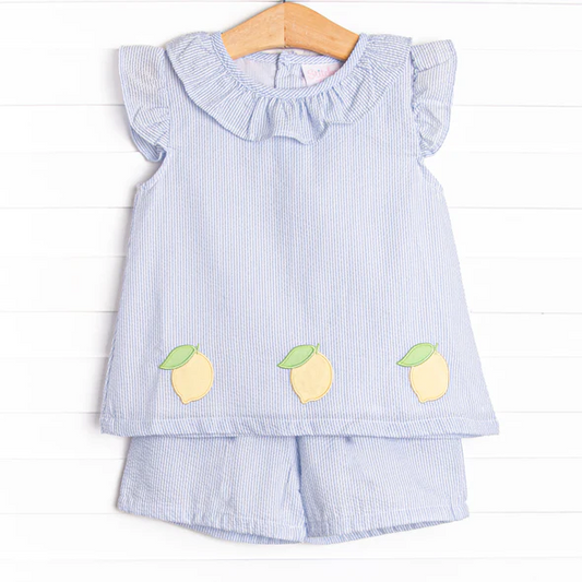 (Custom Design Preorder MOQ 5)  Lemon Tunic Top Stripes Shorts Girls Summer Clothes Set