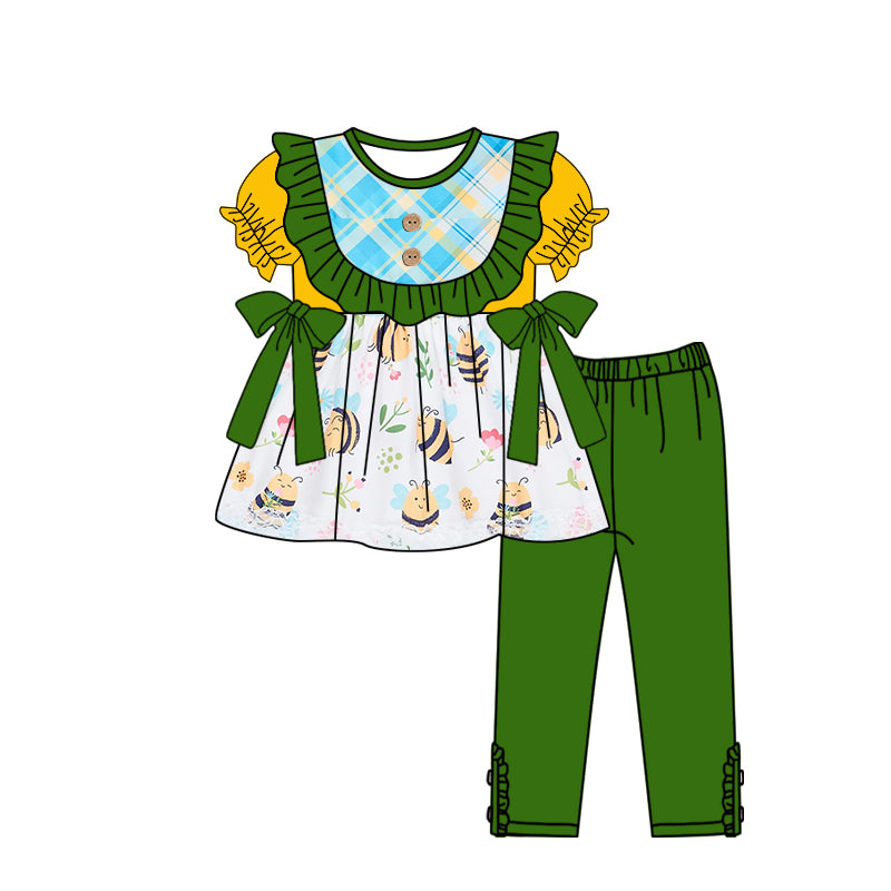 (Custom Design Preorder MOQ 5) Bee Flowers Tunic Top Green Pants Girls Spring Clothes Set