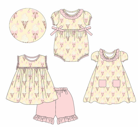2.22(Custom Design Preorder MOQ 5 Each Design) Cherry Ice Cream Bows Print Girls Summer Matching Clothes Sisters Wear