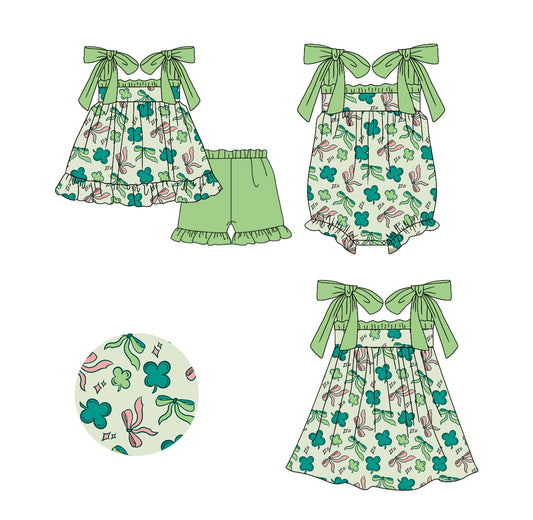 11.20(Custom Design Preorder MOQ 5 Each Design) Leaf Bows Print Girls St. Patrick's Day Matching Clothes Sisters Wear