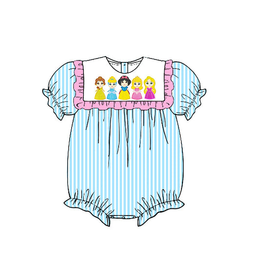 (Custom Design Preorder MOQ 5) Cartoon Princess Blue Stripes Print Baby Girls Romper