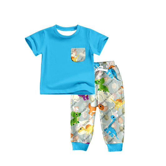 (Custom Design Preorder MOQ 5) Blue Top Dino Print Boys Clothes Set