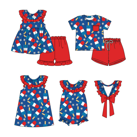 11.28(Custom Design Preorder MOQ 5 Each Design) Popsicle Stars Print Kids 4th of July Matching Clothes Sibling Wear
