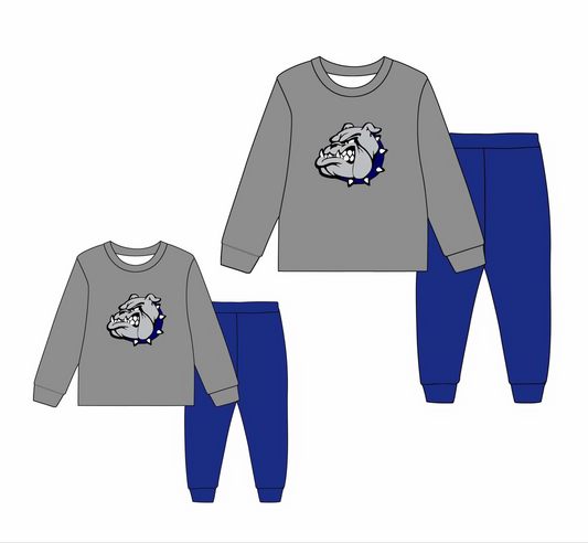 (Custom Design Preorder MOQ 5) Team's BULL DOGS Grey Top Blue Pants Boys Clothes Set