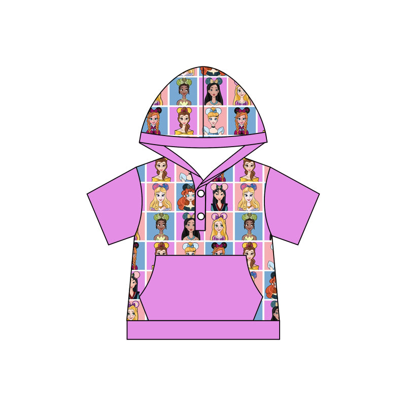 (Custom Design Preorder MOQ 5) Short Sleeve Pink Cartoon Princess Girls Hoodie Tee Shirts Top