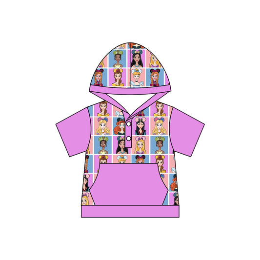 (Custom Design Preorder MOQ 5) Short Sleeve Pink Cartoon Princess Girls Hoodie Tee Shirts Top