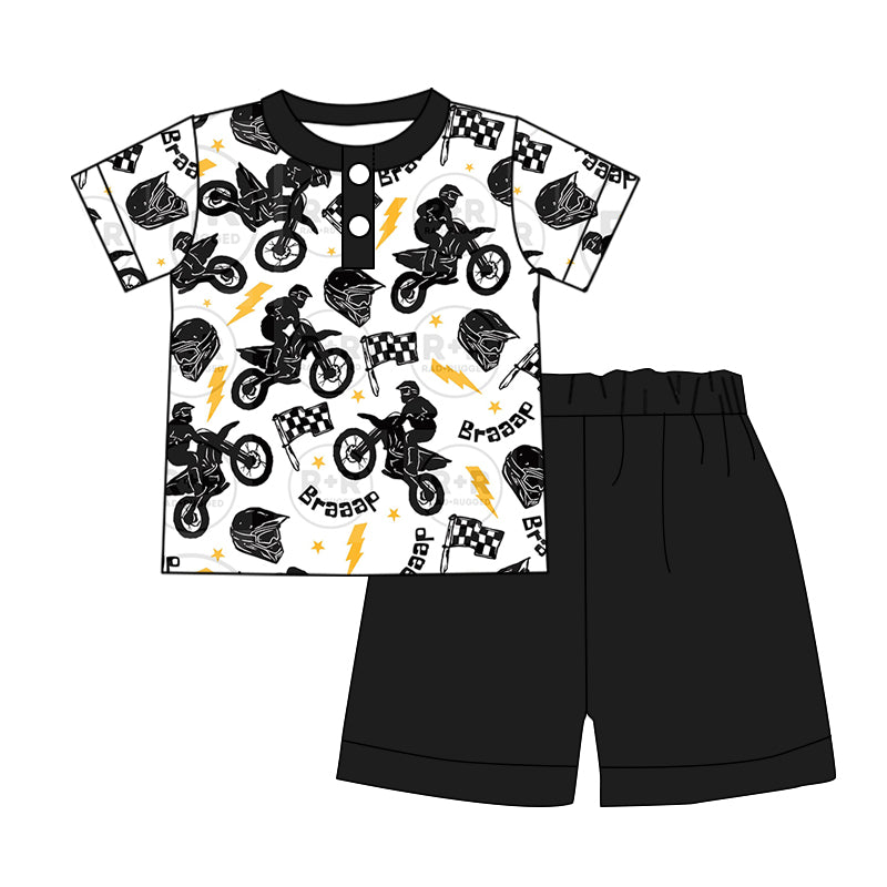 3.13(Custom Design Preorder MOQ 5) Motorbike Polo Top Black Shorts Girls Summer Clothes Set