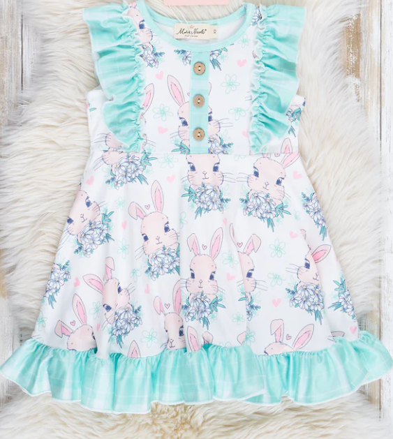 (Custom Design Preorder MOQ 5) Bunny Flowers Print Girls Easter Knee Length Dress