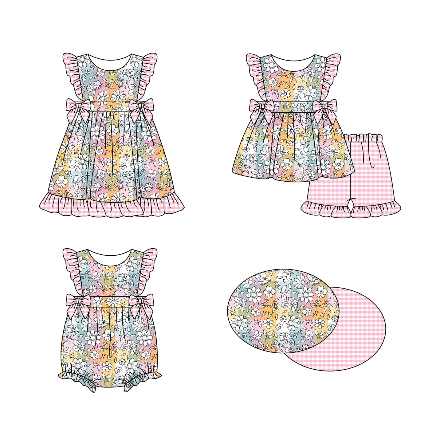 11.16(Custom Design Preorder MOQ 5 Each Design) Plaid White Flowers Print Girls Summer Matching Clothes Sisters Wear