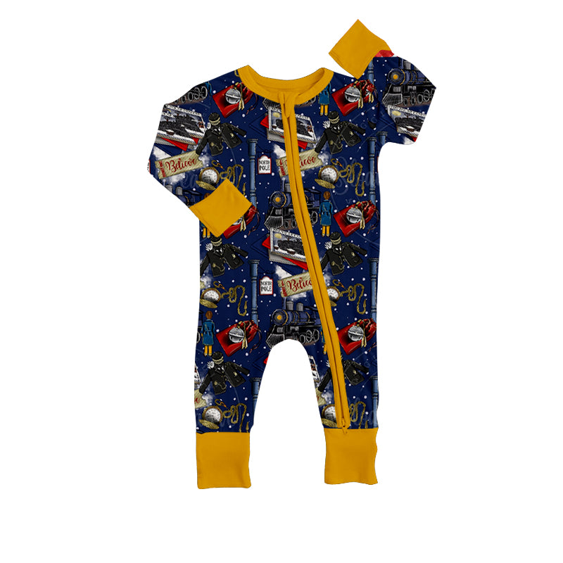 (Custom Design MOQ 5) Navy Polar Train Print Baby Zipper Christmas Romper