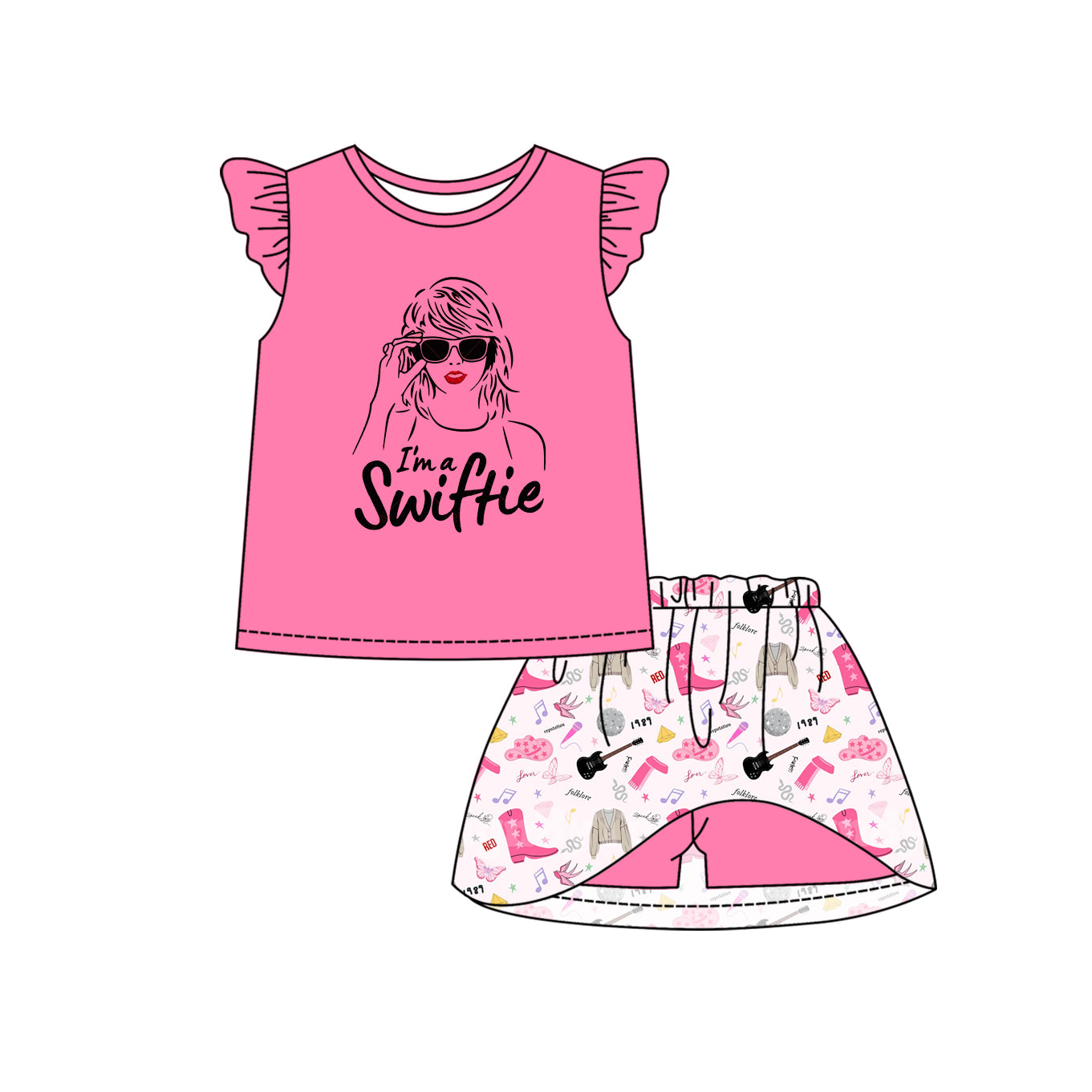 12.10(Custom Design Preorder MOQ 5) Singer Swiftie Pink Top Skirts Shorts Girls Summer Clothes Set