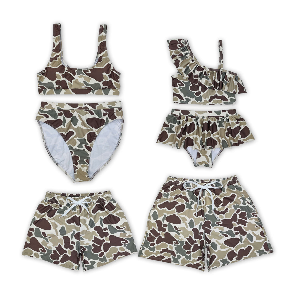 Green Brown Camo Print Family Matching Swimsuits