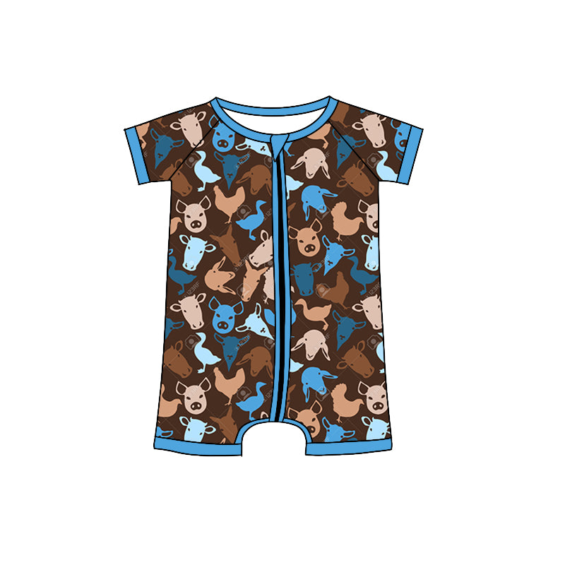(Custom Design Preorder MOQ 5) Farm Animals Print Baby Boys Summer Zipper Romper