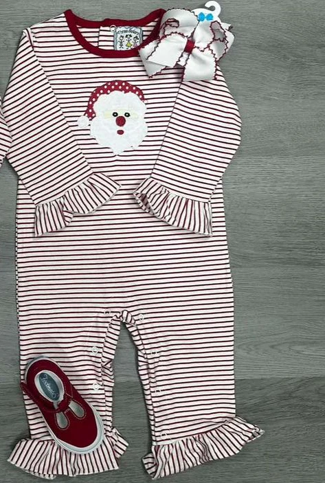 (Custom Design Preorder MOQ 5) Santa Wine Stripes Print Baby Girls Christmas Romper