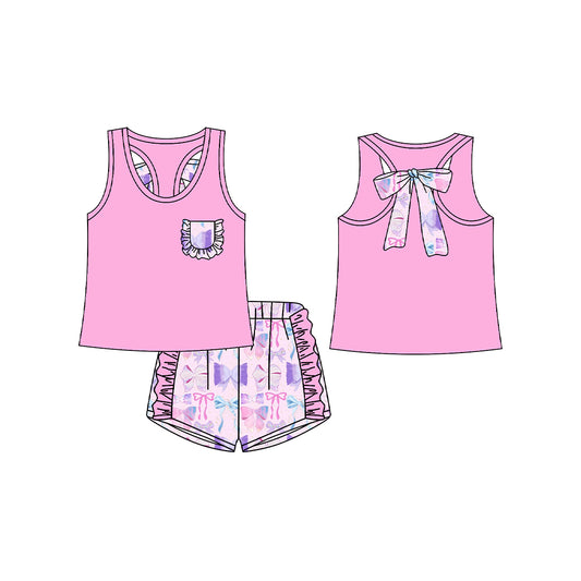 12.14(Custom Design Preorder MOQ 5) Pink Pocket Vest Top Bows Shorts Girls Summer Clothes Set