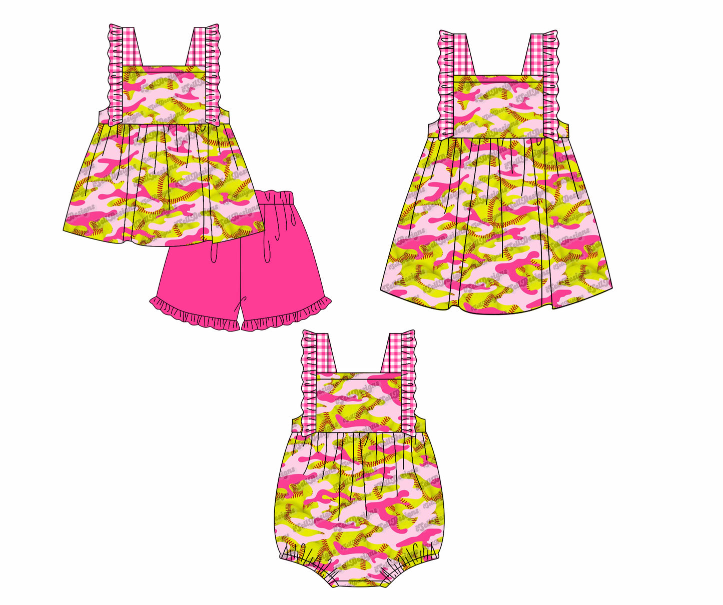 12.12(Custom Design Preorder MOQ 5 Each Design) Softball Camo Pink Print Girls Summer Matching Clothes Sisters Wear