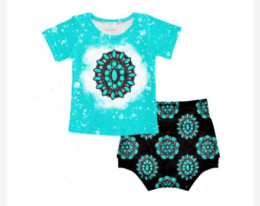 (Custom Design Preorder MOQ 5) Turquoise Print Shorts Baby Girls Summer Western Bummie Set