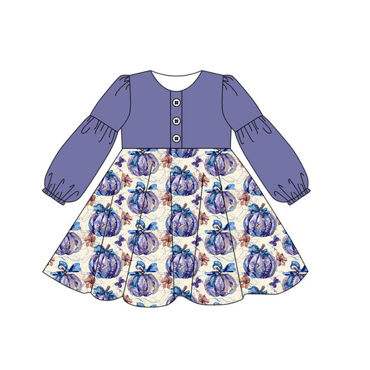 (Custom Design Preorder MOQ 5) Purple Pumpkin Print Girls Knee Length Fall Dress