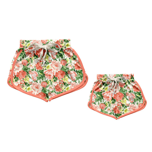 12.10(Custom Design Preorder MOQ 5 Each Design) Orange Flowers Print Summer Shorts Mom and Me Matching Clothes