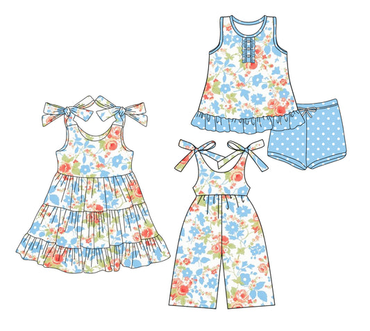 5.23(Custom Design Preorder MOQ 5 Each Design) Blue Flowers Print Girls Summer Matching Clothes Sisters Wear