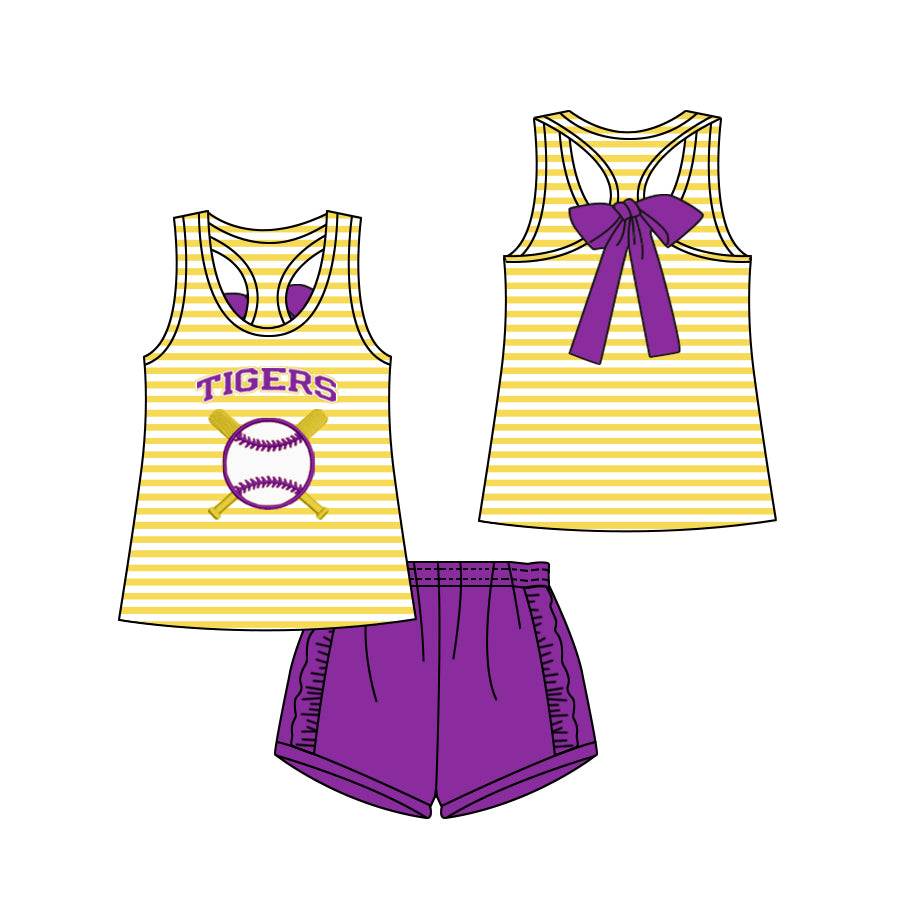 (Custom Design Preorder MOQ 5) Team's Purple Tiger Print Shorts Girls Summer Clothes Set