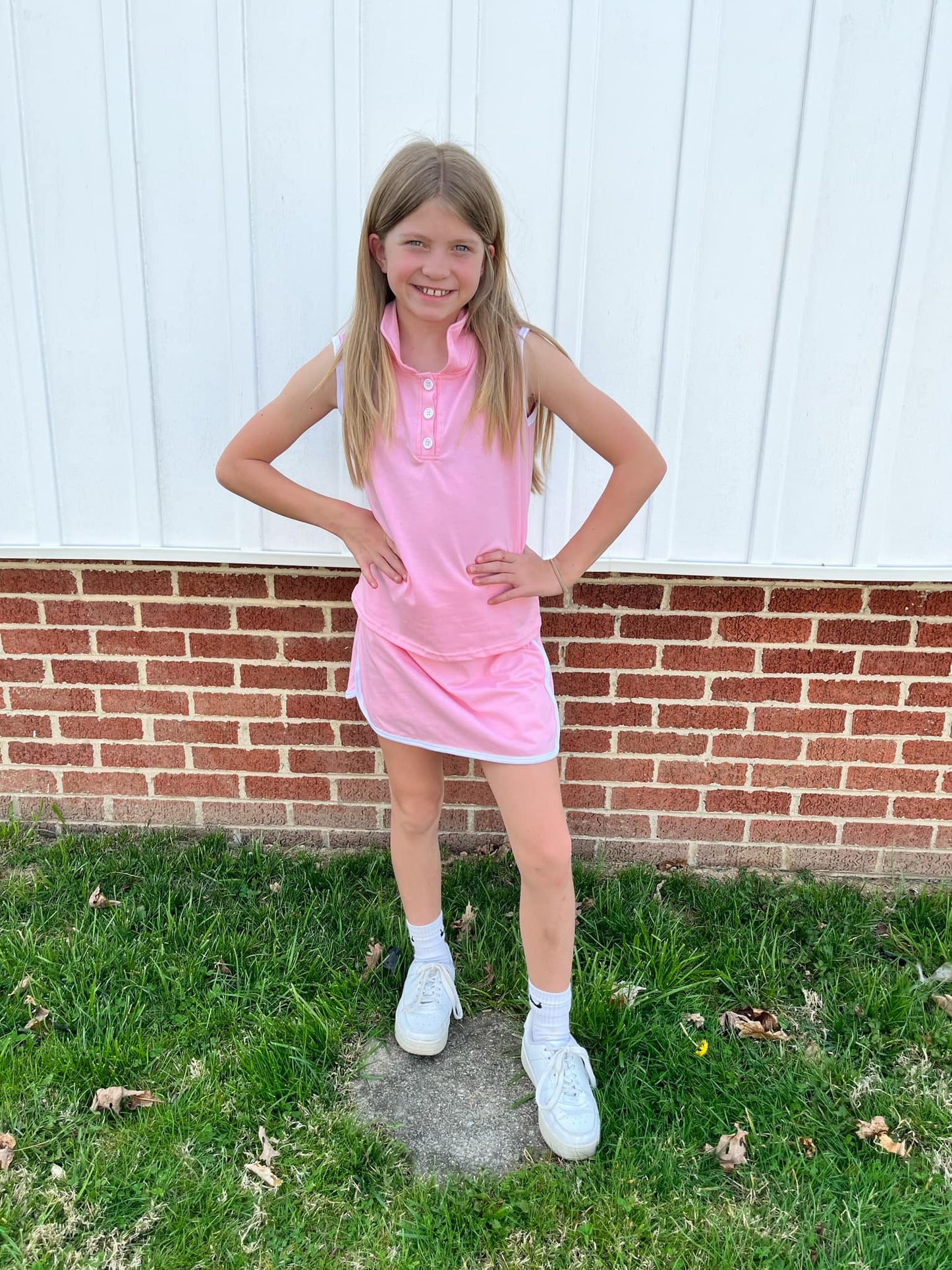 GSD1975  Pink Color Sleeveless Polo Top Skirts Shorts Girls Summer Sports Clothes Set